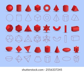 Set of vector realistic 3D red geometric shapes isolated on background. Mathematics of geometric shapes, linear objects, contours. Platonic solid. Icons, logos for education, business, design