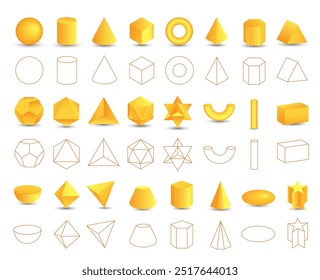 Satz von vektorrealistischen 3D-gelben geometrischen Formen, einzeln auf weißem Hintergrund. Mathematik der geometrischen Formen, lineare Objekte, Konturen. Platonischer Feststoff. Symbole, Logos für Bildung, Wirtschaft, Design