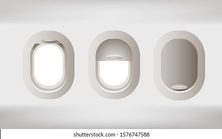 Set of vector realistic aircraft windows with curtains in different positions. Mockup for your design.