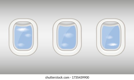 Set of vector realistic aircraft windows with cloudy blue sky outside Three  window airplane vector illustration