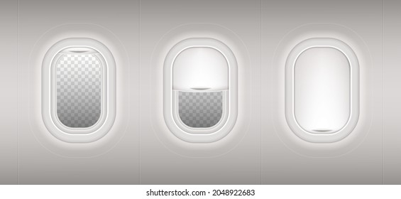 Set of vector realistic aircraft windows with curtains in different positions. Aircraft illuminator. Realistic vector illustration