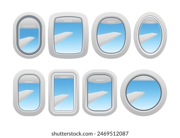 Conjunto de Vector Realista Ventana de Avión Portholes, Vector de la ventana del avión. Vista del ojo de buey de vuelo. dentro del avión. marco del cielo. cabina de viaje espacio blanco, Ilustración vectorial, aislado sobre fondo blanco