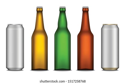 Set of vector realistic beer blank bottle and aluminium can mockups isolated on a white background