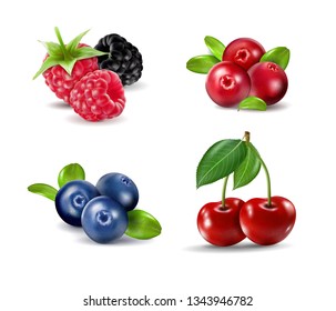 Set of vector realistic berries isolated on white background. Raspberry, blueberry, cherry, cowberry, blackberry. Forest berry. Sweet fruit. Realistic illustration. 3d vector icon set