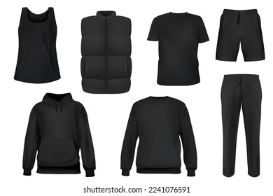 Conjunto de camisetas negras vectoriales realistas, sudaderas, capuchas, chalecos, pantalones cortos, tela base de pantalones aislados en fondo blanco. 3d burla por marca o moda. Plantilla casual de diseño de colección.