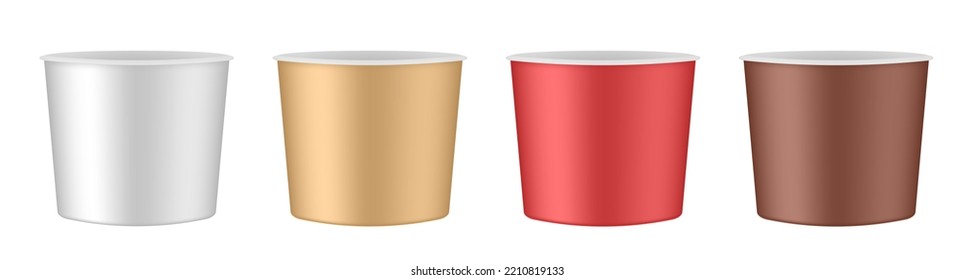 Set of vector realistic blank disposable ice cream buckets. Red, gold, white and brown cups or food bowls	