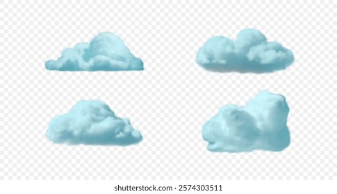 Set of vector realistic blue steam clouds. Fluffy cloud sky design element isolated on transparent backdrop