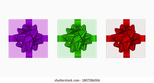 Set of vector realistic bows and gift boxes. Top view. Red, green, purple colors. EPS 10