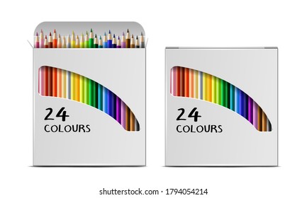 Set of Vector realistic boxes of colored pencils with circular cross section isolated on white. Opened and closed packages with color pencils. Design template, clipart or mockup for your graphics.