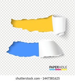 Set of vector realistic bright torn paper hole with rip edges reveals some message