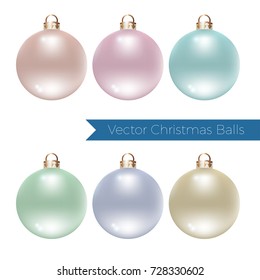 Set of vector realistic Christmas balls in pastel colors. Isolated New Year 2018 decorations.
