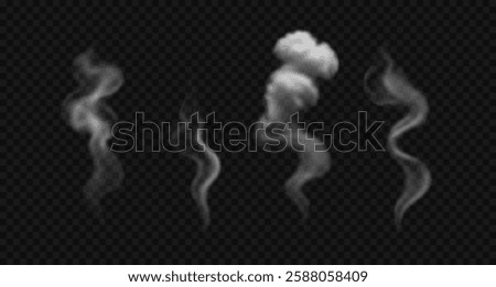 Set of vector realistic cigarette smoke, vapor, haze. White swirl, wavy steam isolated on transparent background