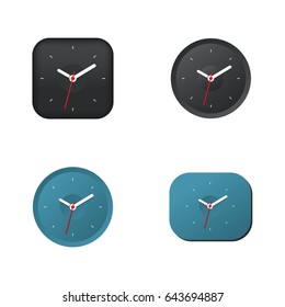 Set of vector realistic clock icons. Modern minimalistic clock icon, round and rectangular, black and blue.