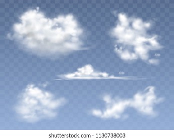 Set of vector realistic clouds, vector illustration of different types of cirrus and cumulus clouds on a transparent background. Elements of design for creating weather, a natural phenomenon