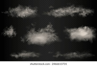 Set of the vector realistic clouds isolated on dark transparent background. Clouds for night sky or another black backdrop.