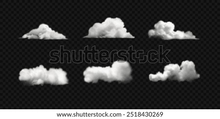Set of vector realistic clouds, smoke or fog. White fluffy 3d clouds isolated on transparent backdrop