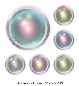 Set of vector realistic color metal button with patch of light and frame isolated on white background. 3D illustration.