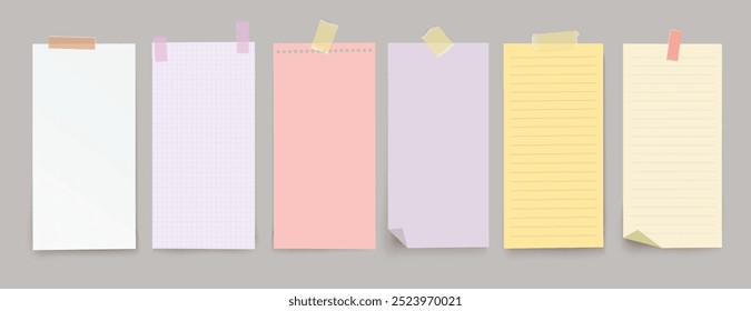 Set of vector realistic color note papers with adhesive tape on transparent background.