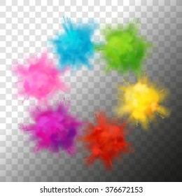 Set of vector realistic color paint powder clouds or explosions. Volumetric abstract Holi decorative elements isolated