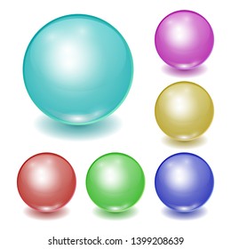 Set of vector realistic color plastic balls, shine spheres with patches of light isolated on white background. 3D illustration.