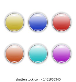 Set Vector realistic color plastic buttons with metal frame isolated on white background. 3D illustration.