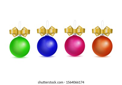 Set of vector realistic colorfull new year balls decorated with golden tied bow isolated on white background 3D illustration Ready template for merry christmas