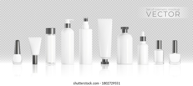 Set von Vektor-realistische Kosmetik-weißer Behälter mit grauem Deckel mit Kollagenlösung Werbehintergrund bereit zur Verwendung, luxuriöse Hautpflegecreme-Tube, Lack, Nagellack. Schönheitsprodukt und Design