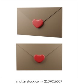 Set of Vector realistic craft envelopes with hearts for Valentine's Day. Business mail, office document, isolated illustration on white background.