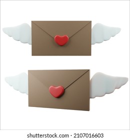 Set of Vector Realistic Craft Envelopes with Valentine's Day Hearts and Angel Wings. Business mail, office document, isolated illustration on white background.