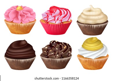 Set Vector Realistic Cupcake, Muffins With Cream. Sweet Desserts 3d Icons Stock Illustration