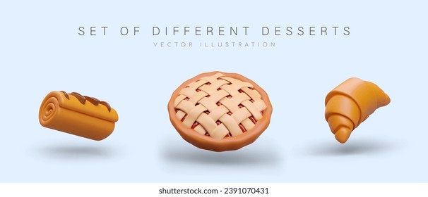 Conjunto de postres vectoriales realistas. Rollo suizo con acristalamiento, tarta redonda con celosía, cruasán. Imagen de color aislada con sombras. Ilustraciones para sitio web, aplicación de café, confitería, supermercado