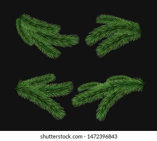Set of vector realistic detailed fir branches isolated on black background. Christmas tree, spruce branches, pine.