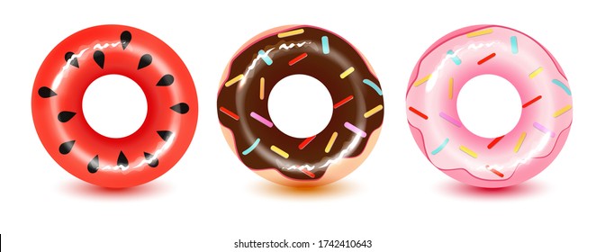 Conjunto de donuts vectoriales realistas y anillos de natación de sandía.Anillos de natación sobre fondo blanco. Juguete inflable de caucho para la seguridad del agua y la playa o el viaje.
