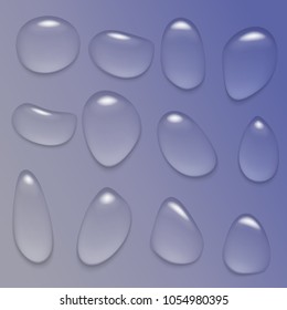 Set of vector realistic drops of water. Drops of water on a gray and blue background. A set for the design of drops on the window, and other surfaces, dew on plants. Vector EPS 10 illustration.