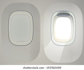 Set Of Vector Realistic Empty Aircraft Windows With Curtains In Different Positions And Blank Copyspace Inside. Mockup For Your Design