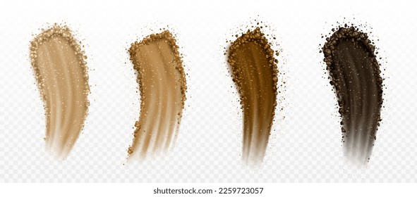 Conjunto de sombras vectoriales realistas en el precursor. Revestimiento cosmético de maquillaje aislado sobre fondo transparente. Muestras de productos de belleza de pincel ocular. Textura de muestra de polvo rota.