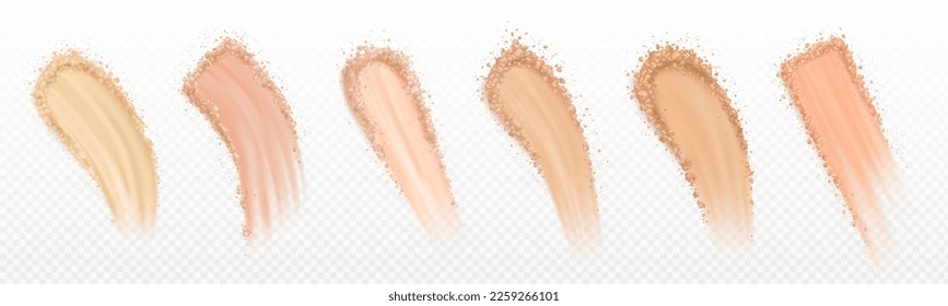 Set of vector realistic face powder smear. Isolated makeup cosmetic swatch on transparent background. Mineral foundation, stroke beauty product samples. Broken powder sample texture, skin colors