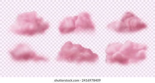 Set of vector realistic fluffy pink clouds. 3d soft sky isolated on transparent backdrop