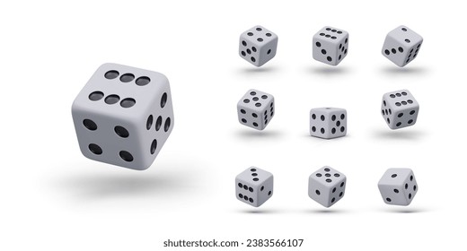 Set of vector realistic gambling dice in different positions. Isolated illustrations with reflections and shadows. Elements for vector combinations. All game faces