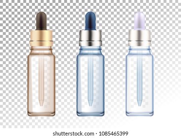Set of vector realistic glass bottles in three colors. Cosmetic vials for oil, liquid essential, collagen serum. Vector illustration isolated on white-transparent background. In blue color.
