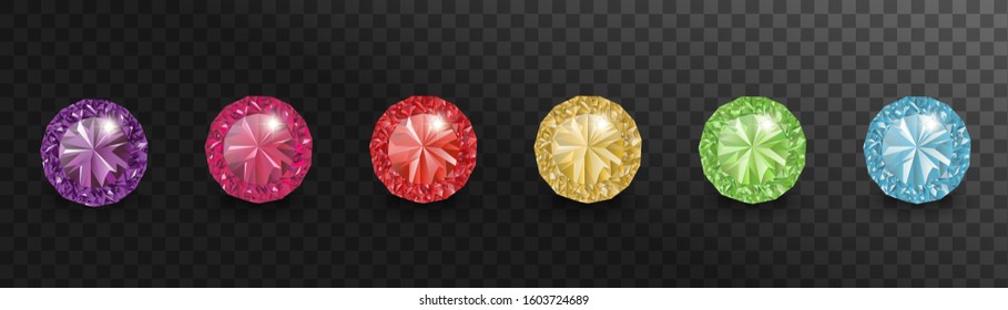 Set of vector realistic golden and silver white gems and jewels isolated on transparent background.  Gold shiny diamonds with different cuts.