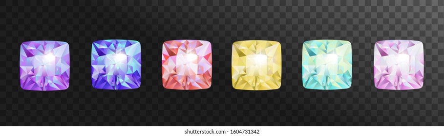 Set of vector realistic golden and silver white gems and jewels isolated on transparent background.  Gold shiny diamonds with different cuts.