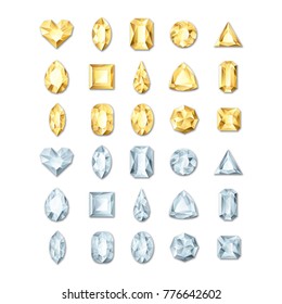 Set Of Vector Realistic Golden And Silver White Gems And Jewels On White Background. Gold Shiny Diamonds With Different Cuts. Design Elements And Icons For Holiday Gift And Jewelry Shop.