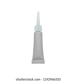 Set, Vector realistic Gray metal tube of super glue,  and with liquid drop at a tip, isolated on White background. Container with adhesive for any purpose. Mockup for package design.