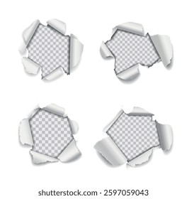 Set of vector realistic holes torn in paper with rolled edges and shadows