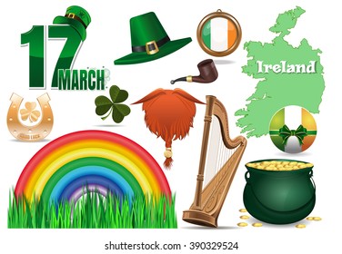 Set vector realistic icons. St. Patrick's Day. 17 March, leprechaun hat, red beard, smoking pipe, clover, golden horseshoe, good luck, green grass, rainbow, Ireland flag, Ireland map, harp, magic pot 