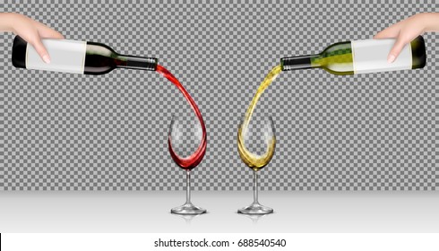 Set Of Vector Realistic Illustrations Of Hands Holding Glass Bottles With White And Red Wine And Pour It Into Transparent Glasses, Isolated, With Reflection. Template, Mockup For Design, Advertising