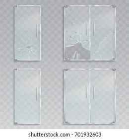 Set of vector realistic illustrations of a layout of an entrance glass doors with metal handles unscathed and with broken glass, a clean transparent doors for an office, a store, a boutique