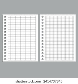 Set of vector realistic illustrations of a sheet of paper blank from a workbook with a shadow.