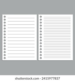 Set of vector realistic illustrations of a sheet of paper blank from a workbook with a shadow.